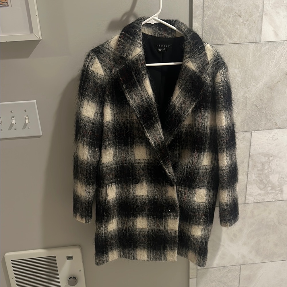 Theory Wool Black and White Plaid Coat